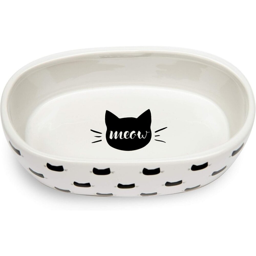 Food or Water Oval White with Black Cat Dish 5.5"X3"X2" by Park Life Designs